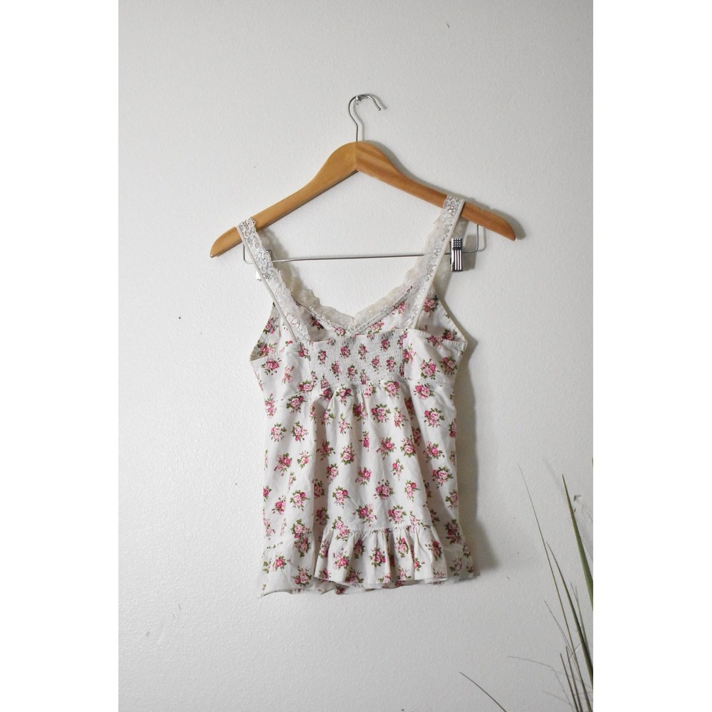 Unbranded Floral Camisole Women Medium White Pink Y2K Lace Ruffle Hem Cotton - Picture 7 of 9